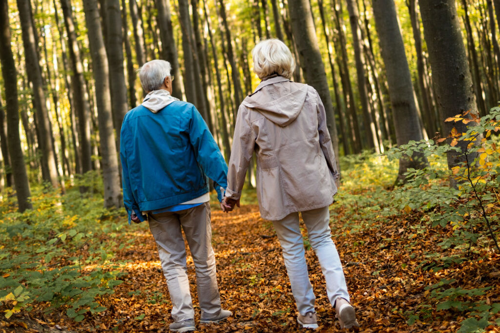 Ein älteres Paar geht Hand in Hand auf einem Waldweg